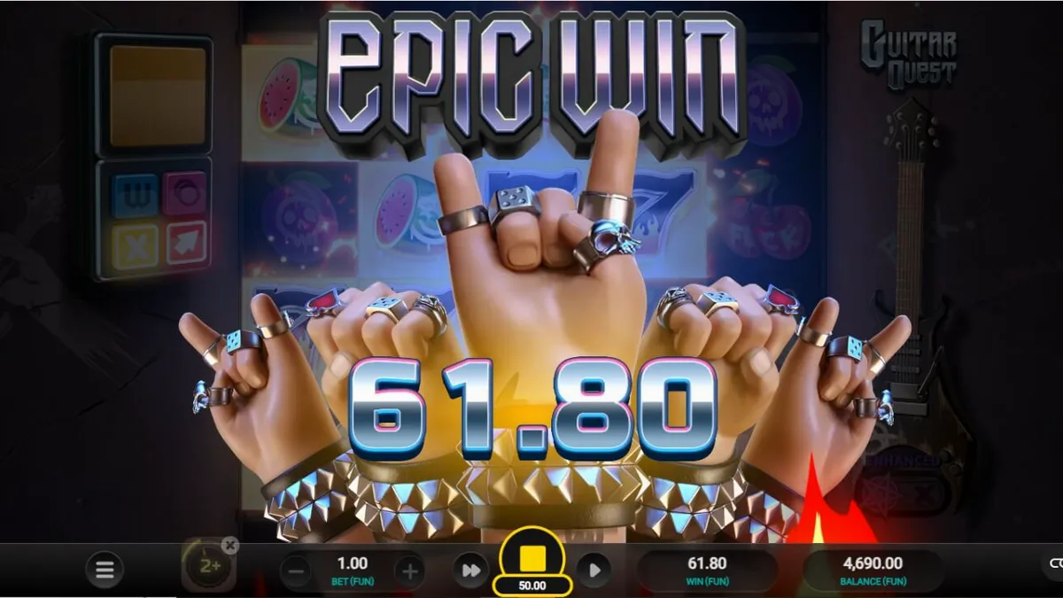 Interface do slot Guitar Quest com elementos de rock e amplificadores