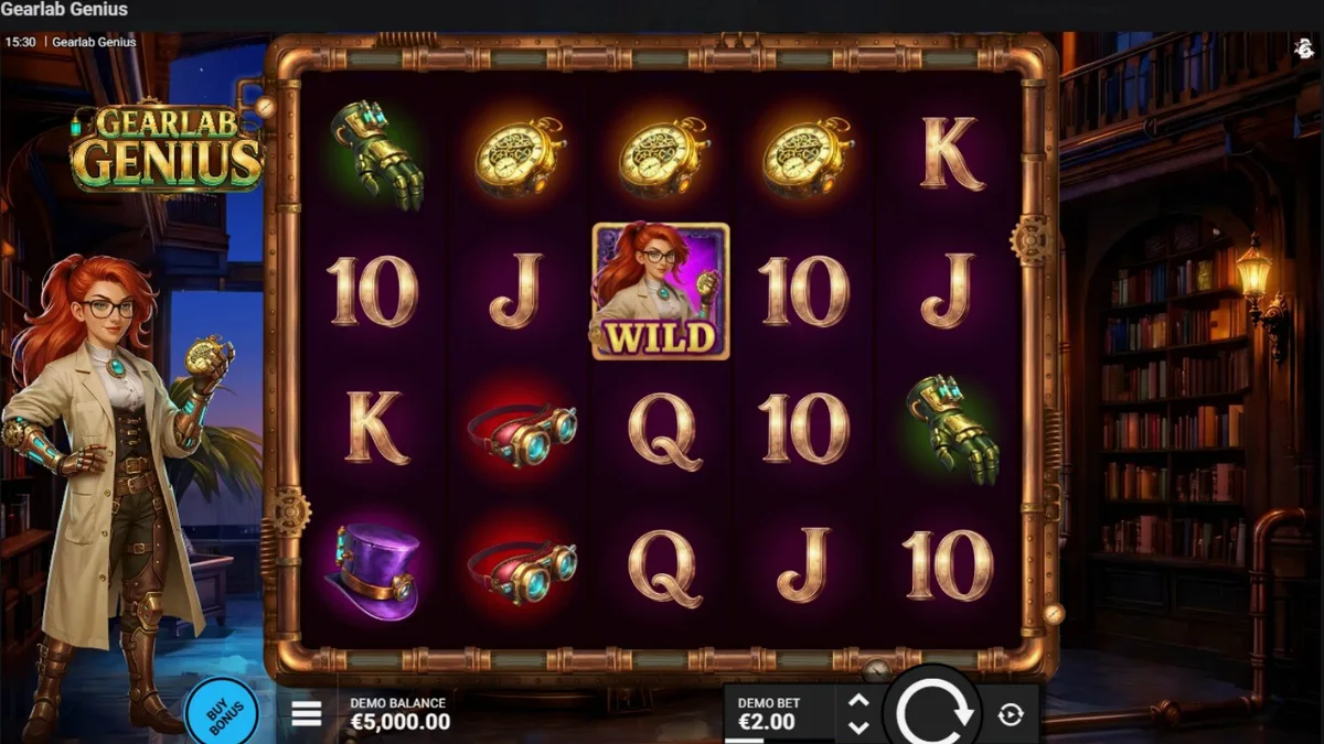 Interface do jogo Gearlab Genius com engrenagens e elementos steampunk